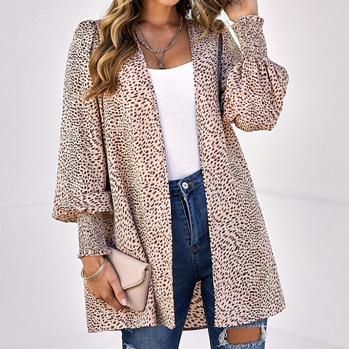 

Women's Casual Jacket Warm Breathable Outdoor Daily Vacation Going out Pocket Cardigan Collarless Active Fashion Comfortable Street Style Leopard Regular Fit Outerwear Long Sleeve Winter Fall Blue