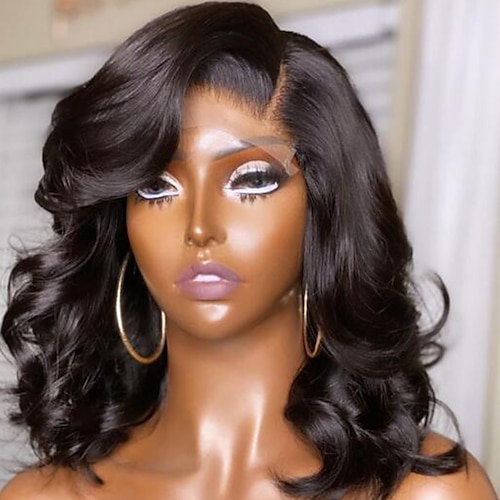 

Human Hair 13x4 Lace Front Wig Short Bob Side Part Brazilian Hair Loose Wave Black Wig 130% 150% Density with Baby Hair 100% Virgin Glueless Pre-Plucked Bleached Knots For wigs for black women Short