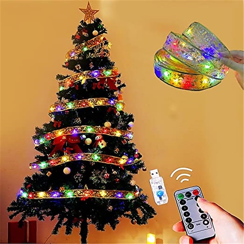 

5m Christmas LED Ribbon Fairy Lights Decorations Remote Control 8 Models Christmas Tree Ornaments for Home DIY Bows Light String Navidad New Year