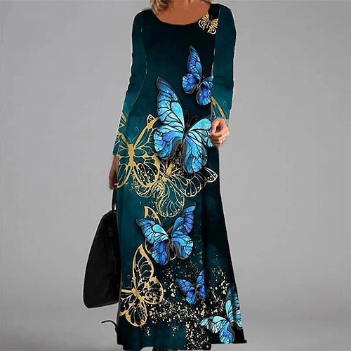 

Women's Casual Dress A Line Dress Maxi long Dress Navy Blue Long Sleeve Animal Butterfly Pocket Print Fall Winter V Neck Vacation Casual 2022 S M L XL XXL 3XL