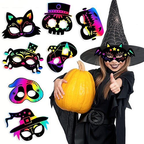 

8 pz maschera di halloween scratch paper crafts kit bulk of halloween mask magic rainbow scratch art for kids fai da te party ornaments halloween decor with 6 pz halloween mask scratch painting