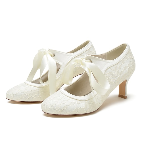 

Dame bryllup sko Bryllup Fest Bryllupshæler Brudesko Brudepike sko Sommer Sløyfe Tykk hæl Rund Tå Elegant Søt Blonder Snøring Blomstret Broderi Svart Hvit Krystall