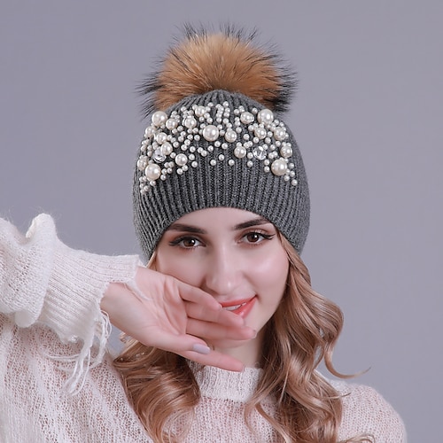 

Women's Hat Beanie / Slouchy Gray White Outdoor Home Daily Beaded Knit Color Block Portable Windproof Comfort