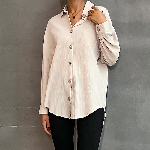 

early autumn fashion long shirt lapel long sleeve solid color shirt