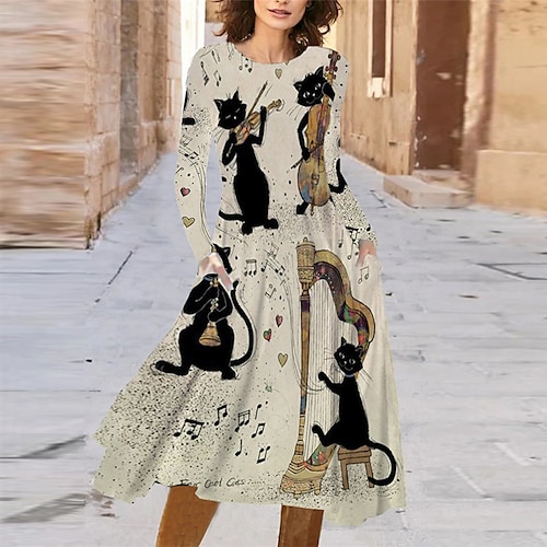 

Women's Casual Dress A Line Dress Midi Dress Khaki Long Sleeve Animal Cat Pocket Print Fall Winter Round Neck Vacation Casual 2022 S M L XL XXL 3XL