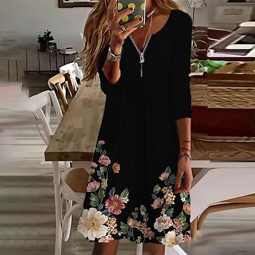 

Mujer Vestido informal Vestido estilo camiseta Vestido Midi Negro Rosa Blanco Manga Larga Floral Cremallera Invierno Otoño Escote en Pico Moderno Vestido de invierno Fin de semana vestido de otoño