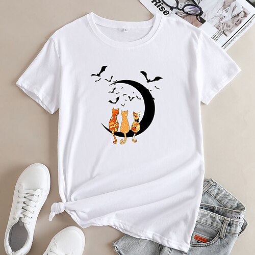 

Women's T shirt Tee Green Dusty Blue Orange Graphic Cat Print Short Sleeve Halloween Daily Basic Halloween Round Neck Regular 100% Cotton Cat S