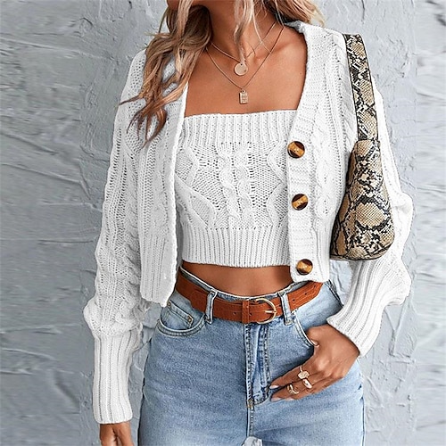 

Women's Sweater Set Jumper Cable Knit Button Knitted Pure Color V Neck Stylish Casual Outdoor Daily Winter Fall Khaki White S M L / Long Sleeve / Holiday / Regular Fit / Going out