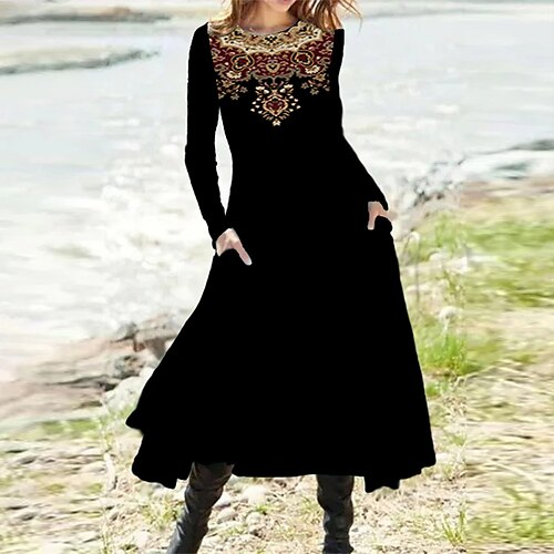 

Women's Casual Dress A Line Dress Midi Dress White Black Long Sleeve Floral Pocket Print Fall Winter Round Neck Vacation Casual 2022 S M L XL XXL 3XL