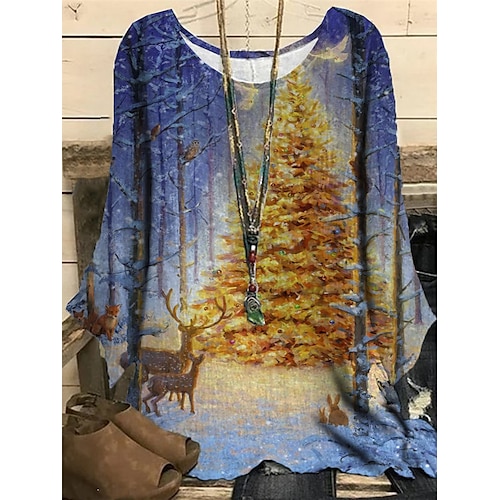 

Women's Plus Size Christmas Tops Pullover Sweatshirt Animal Deer Print Long Sleeve Crewneck Casual Going out Polyester Fall Winter Green Yellow