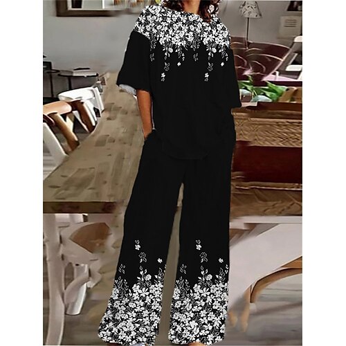 

Women's Loungewear Sets 2 Pieces Flower Fashion Comfort Home Street Cotton Spandex Jersey Crew Neck Short Sleeve T shirt Tee Pant Fall Spring Black