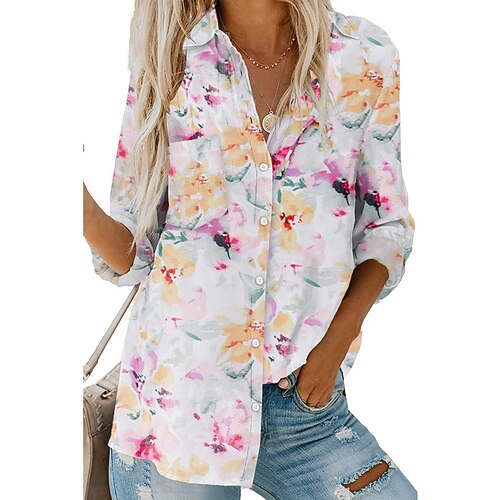 

Women's Blouse Shirt Green Blue Pink Flower Print Long Sleeve Casual Daily Casual Shirt Collar S