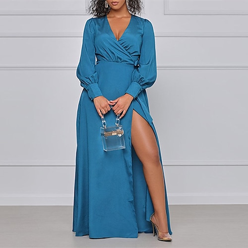 

Women's Party Dress Long Dress Maxi Dress Blue Long Sleeve Pure Color Ruched Winter Fall Autumn V Neck Winter Dress Evening Party Fall Dress 2022 S M L XL XXL