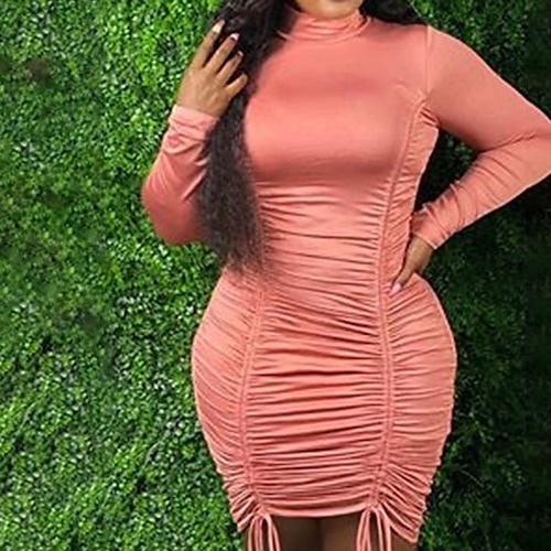 

Women's Plus Size Sheath Dress Solid Color Crew Neck Ruched Long Sleeve Fall Winter Stylish Sexy Maxi long Dress Date Going out Dress