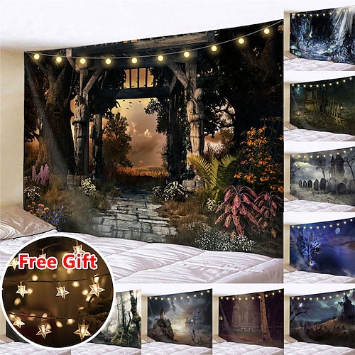 

Halloween Party Wall Tapestry Art Decor Blanket Curtain Hanging Home Bedroom Living Room Decoration Polyester Ghost Pumpkin Graveyard Bat Witch