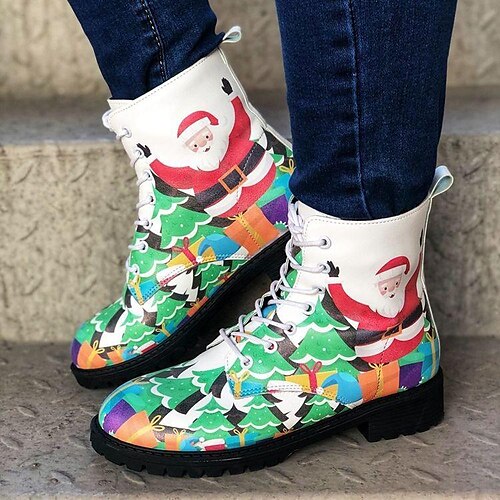

Women's Boots Christmas Combat Boots Plus Size Booties Ankle Boots Winter Low Heel Round Toe Casual PU Leather Faux Leather Lace-up Cartoon Rainbow