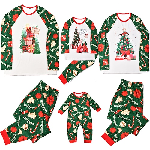 

Family Christmas Pajamas Ugly Cotton Christmas Tree Candy Cane Home White Long Sleeve Mom Dad and Me Daily Matching Outfits