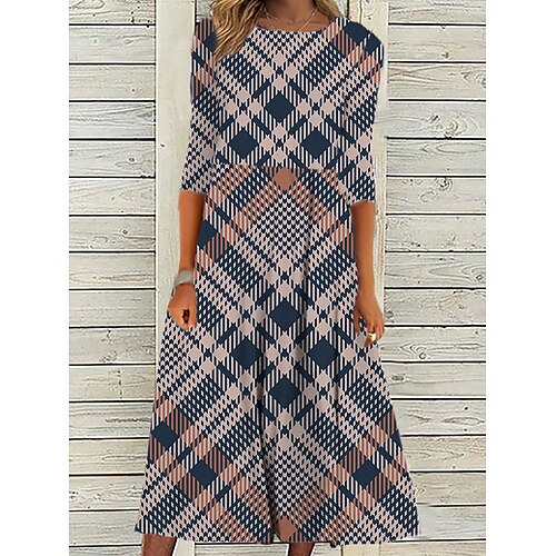 

Women's Casual Dress Shift Dress Midi Dress Blue Dark Gray Gray Long Sleeve Plaid Print Winter Fall Autumn Crew Neck Winter Dress Weekend Fall Dress 2022 S M L XL XXL 3XL 4XL 5XL 6XL