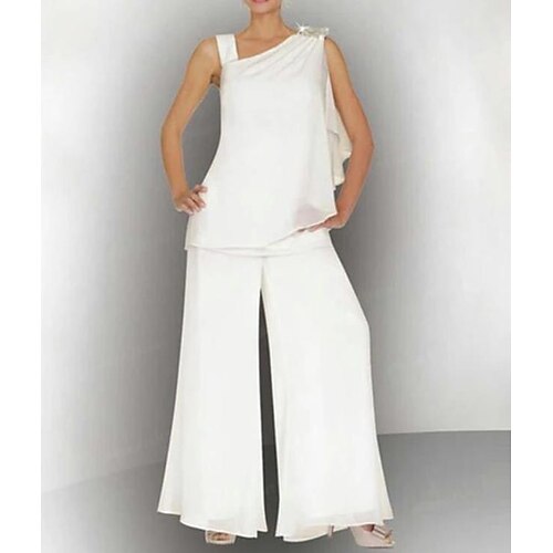 

Pantsuit Mother of the Bride Dress Sexy Bateau Neck Floor Length Chiffon Sleeveless with Crystals 2022