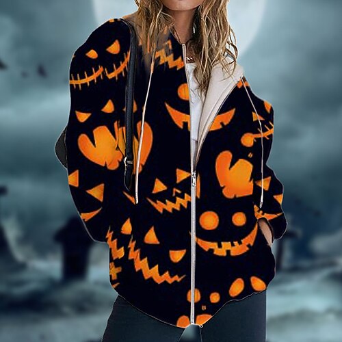 

Women's Hoodie Jacket Warm Breathable Outdoor Halloween Daily Wear Going out Zipper Pocket Print Zipper Hoodie Vintage Sports Comfortable Street Style Pumpkin Regular Fit Outerwear Long Sleeve Winter