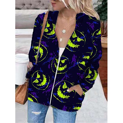 

Women's Hoodie Jacket Warm Breathable Outdoor Halloween Daily Wear Going out Zipper Pocket Print Zipper Hoodie Vintage Sports Comfortable Street Style Pumpkin Regular Fit Outerwear Long Sleeve Winter