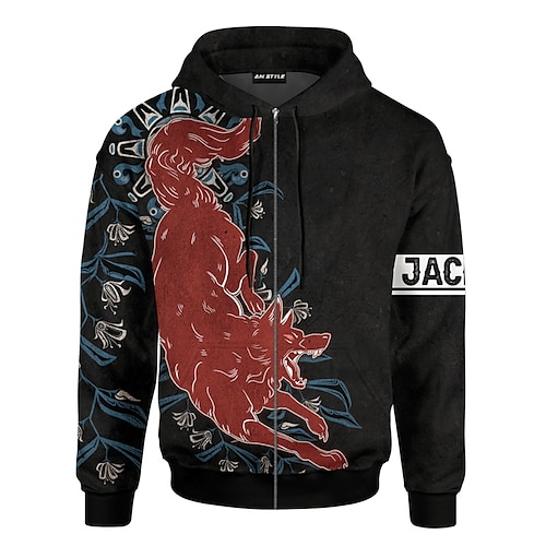 

Men's Unisex Full Zip Hoodie Jacket Black Hooded Animal Patterned Graphic Prints Zipper Print Sports & Outdoor Daily Sports 3D Print Streetwear Designer Casual Spring & Fall Clothing Apparel Hoodies