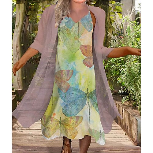 

Women's Plus Size Casual Dress Floral Crew Neck Half Sleeve Fall Winter Casual Midi Dress Causal Daily Dress / Dress Set / Butterfly / V Neck