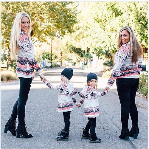 

Mommy and Me Ugly Christmas Tops Cotton Striped Ugly Christmas pattern Light Gray Long Sleeve Active Matching Outfits Fall Winter Sweet