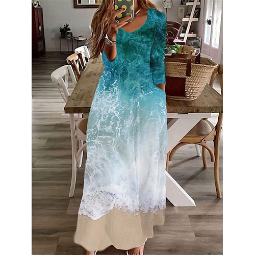 

Women's Casual Dress A Line Dress Maxi long Dress Green Blue Light Blue Long Sleeve Floral Color Gradient Pocket Print Fall Winter V Neck Vacation Casual 2022 S M L XL XXL 3XL