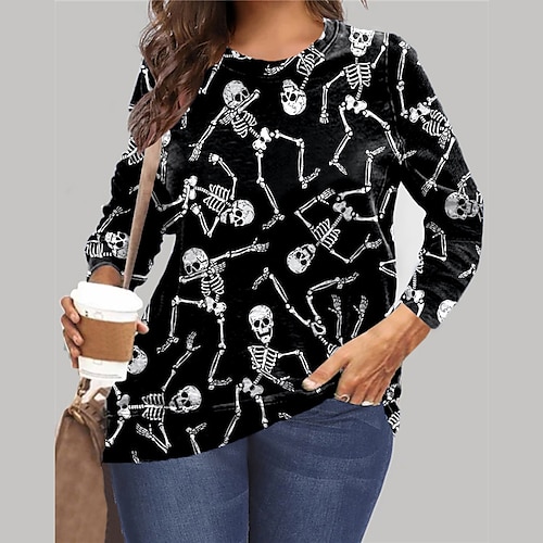 

Women's Plus Size Tops Pullover Sweatshirt Hoodie Sweatshirt Skull Print Long Sleeve Crewneck Vintage Casual Halloween Halloween Daily Microfiber Fall Winter Black