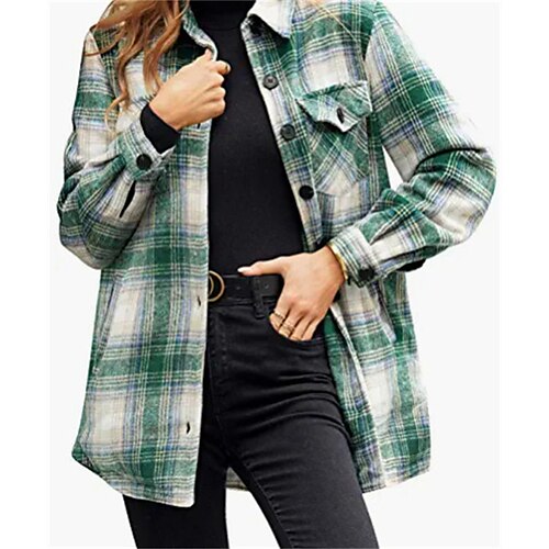 

Women's Casual Jacket Windproof Warm Outdoor Street Daily Vacation Button Pocket Print Single Breasted Turndown Fashion Modern Street Style Plaid Regular Fit Outerwear Long Sleeve Winter Fall Green