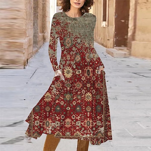 

Women's Casual Dress Swing Dress Midi Dress Wine Long Sleeve Floral Pocket Winter Fall Autumn Winter Dress Fall Dress 2022 S M L XL XXL 3XL