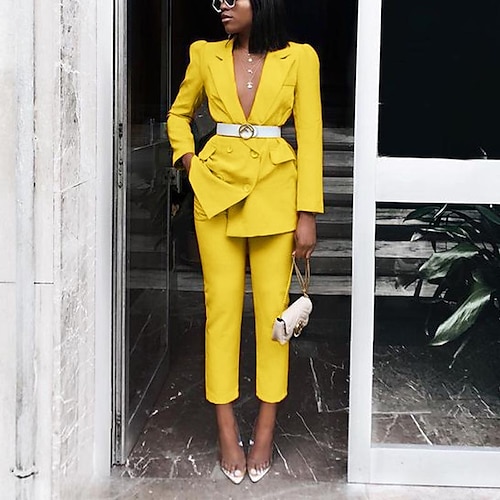 

Women's Blouse Pants Sets Yellow Red Daily Work Solid Color Shirt Collar Pant S M L XL