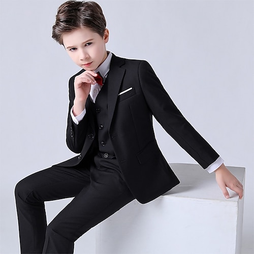 

4 Pieces Kids Boys Blazer Vest Shirt Pants FormalSet Long Sleeve Dusty Blue Black Solid Color Clothing Set Party Special Occasion Birthday Formal Gentle Suit Regular 3-13 Years