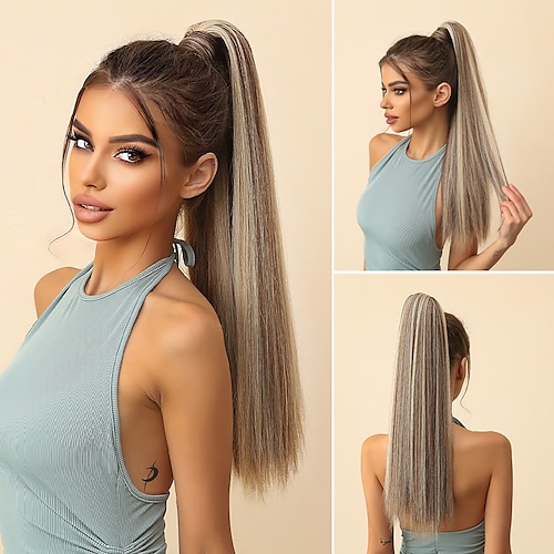 

Extensions de cheveux synthétiques longs marron sale enveloppant le clip en queue de cheval faux cheveux naturels résistant à la chaleur postiche