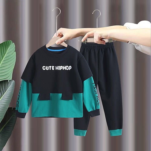 

2 Pieces Kids Boys Hoodie & Pants Clothing Set Outfit Color Block Letter Long Sleeve Cotton Set Street Fashion Cool Winter Fall 2-8 Years Blue Orange
