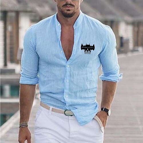

Men's Shirt Graphic Bat Standing Collar Blue White Hot Stamping Outdoor Halloween Long Sleeve Button-Down Print Clothing Apparel Fashion Designer Casual Big and Tall / Spring / Fall