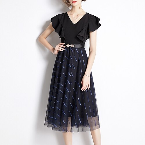 

Women's Casual Dress Swing Dress Midi Dress Black Short Sleeve Color Block Ruffle Winter Fall Autumn V Neck Fashion Weekend 2022 S M L XL XXL