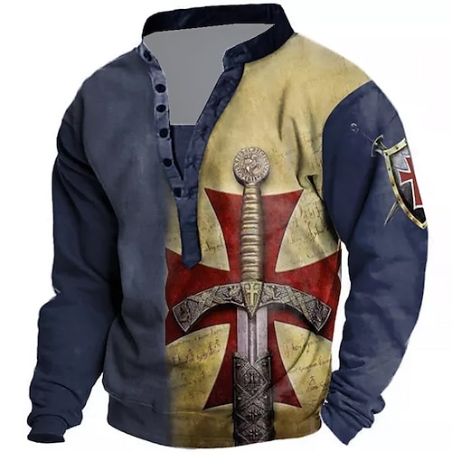 

Men's Unisex Sweatshirt Pullover Button Up Hoodie Blue Standing Collar Color Block Knights Templar Graphic Prints Print Casual Daily Sports 3D Print Streetwear Designer Casual Spring Fall Clothing