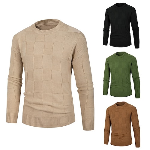 

Men's Sweater Pullover Sweater Jumper Ribbed Knit Cropped Knitted Grid / Plaid Patterns Crew Neck Keep Warm Modern Contemporary Work Daily Wear Clothing Apparel Winter Spring & Fall Camel Green M L