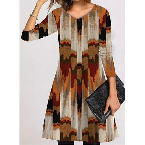 

Women's Casual Dress T Shirt Dress Tee Dress Short Mini Dress Yellow Long Sleeve Geometric Color Block Pocket Print Fall Winter V Neck Vacation Casual 2022 S M L XL XXL 3XL