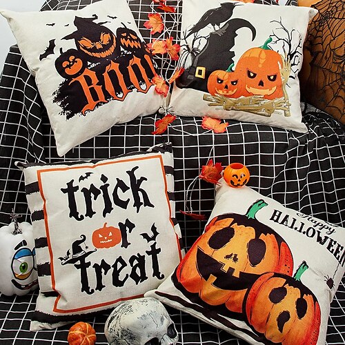 

Halloween Double Side Cushion Cover 4PC Soft Decorative Square Throw Pillow Cover Cushion Case Pillowcase for Bedroom Livingroom Superior Quality Machine Washable Indoor Cushion for Sofa Couch Bed Chair Bat Witch Spider