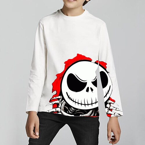 

The Nightmare Before Christmas Kids Boys Halloween T shirt Skull Outdoor 3D Print Long Sleeve Active 3-12 Years Winter White