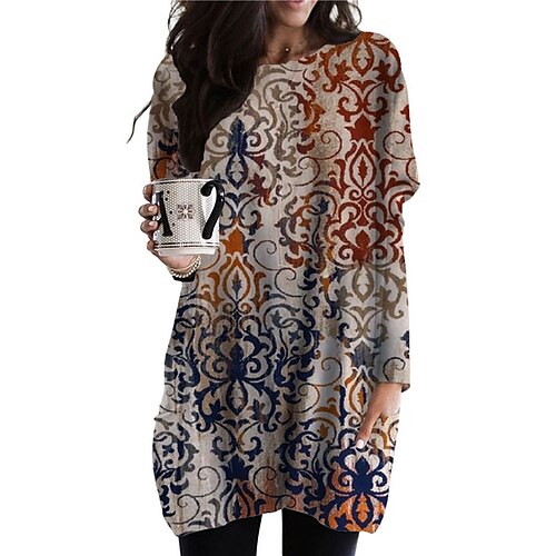 

Women's Casual Dress Shift Dress Short Mini Dress Khaki Long Sleeve Floral Pocket Print Fall Winter Crew Neck Casual Vacation 2022 S M L XL XXL 3XL