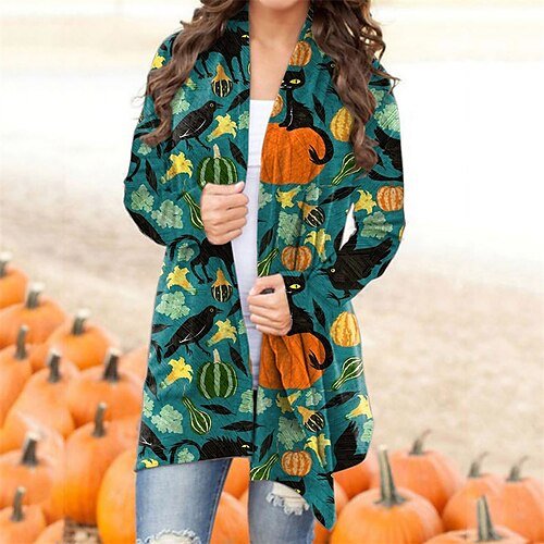 

Women's Casual Jacket Breathable Comfortable Halloween Street Going out Park Print Cardigan Collarless Fashion Street Style Halloween Skull Regular Fit Outerwear Long Sleeve Winter Fall Black Dark