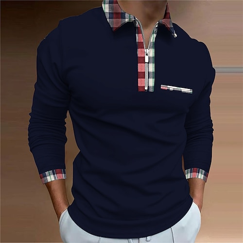 

Men's Collar Polo Shirt Golf Shirt Quarter Zip Polo Plaid Turndown Navy Blue Street Daily Long Sleeve Zipper Clothing Apparel Basic Designer Comfortable Big and Tall