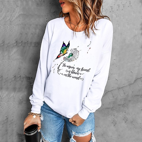 

Women's Sweatshirt Pullover Butterfly Text Dandelion Print Daily Sports Hot Stamping Active Streetwear Hoodies Sweatshirts White