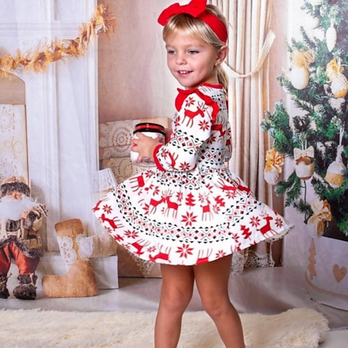 

Kids Girls' Ugly Christmas Dress Deer A Line Dress Above Knee Dress Party Cotton Long Sleeve Beautiful Dress 2-6 Years Winter White