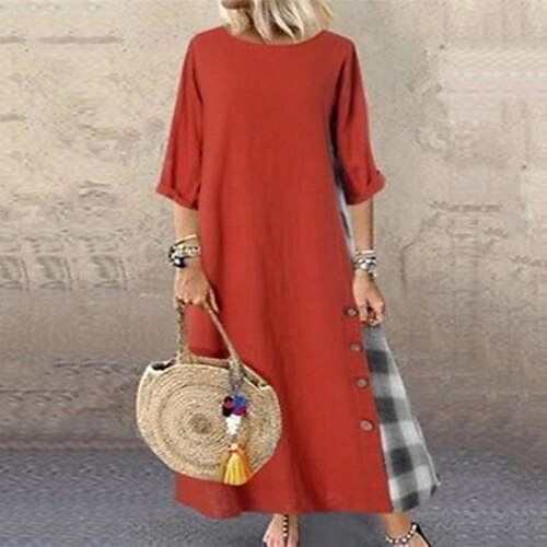 

Women's Shift Dress Swing Dress Maxi long Dress Orange Navy Blue 3/4 Length Sleeve Plaid Button Print Fall Winter Round Neck Casual Vintage 2022 M L XL XXL 3XL 4XL / Linen