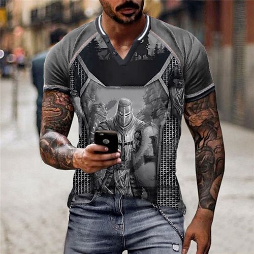 

Men's Unisex T shirt Tee Graphic Prints V Neck Gray Short Sleeve 3D Print Knight Outdoor Street Button-Down Print Tops Sports Designer Casual Big and Tall / Summer / Summer